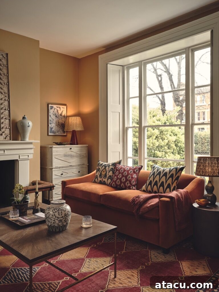 Comfortable cosy living room featuring a burnt orange couch, colorful cushions, and a rustic coffee table.