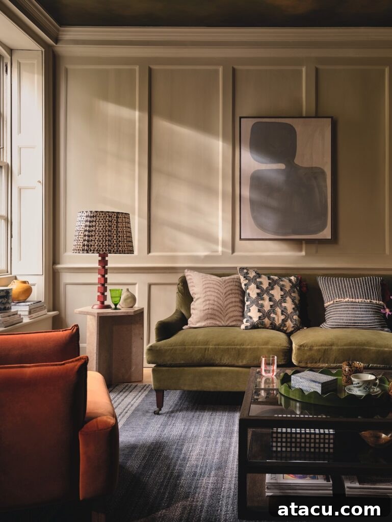 Cosy eclectic living room with a green velvet sofa, patterned pillows, and a mix of modern and vintage decor.