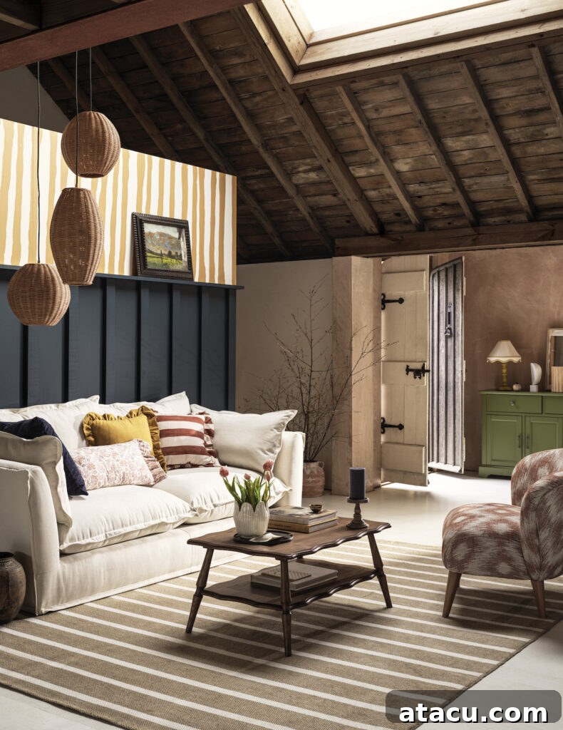 Cosy country living room with a neutral sofa, striped rug, and rustic wood ceiling.
