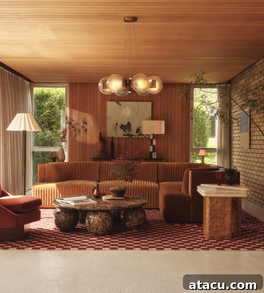 Cosy retro living room with a mix of vintage-inspired furniture, warm colours, and a textured rug, offering a nostalgic and comfortable vibe.