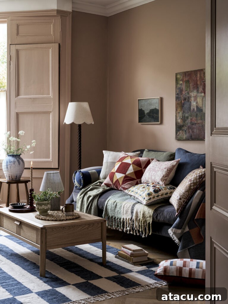 Cozy living room with a neutral color palette, featuring a navy sofa adorned with patterned pillows and blankets. A wooden coffee table sits on a blue and white striped rug, complemented by a floor lamp and potted plants.