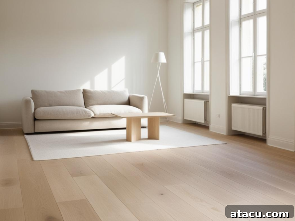 Perfect Floors for Serene Minimalist Living 2 A minimalist living room with a neutral sofa and light wood flooring.