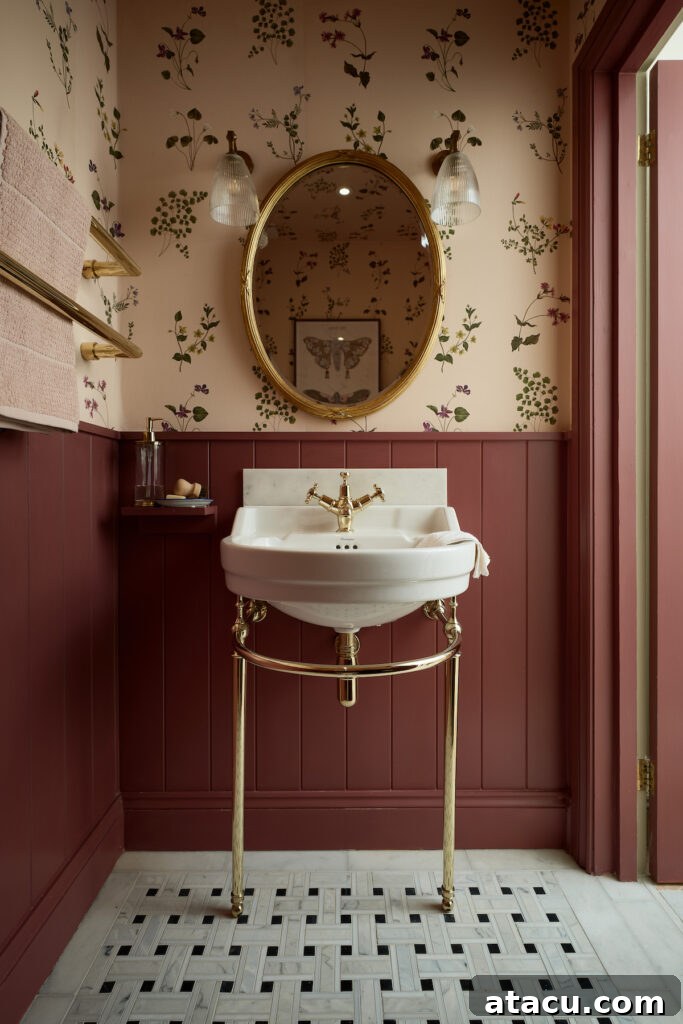 A downstairs cloakroom with umber red wall panelling and basket weave mosaic tiles.