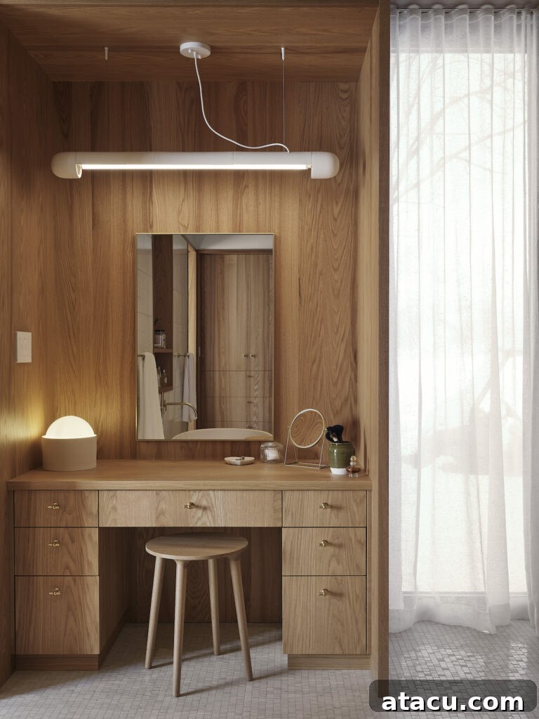 A modern dressing room with a contemporary oak dressing table.