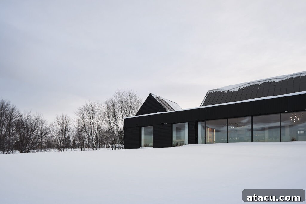 Modern black house in a snowy landscape.