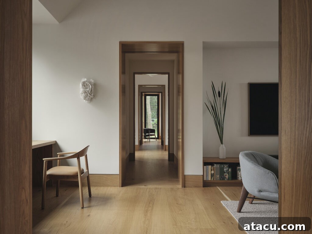 Living room with oak flooring in a modern architect designed home.