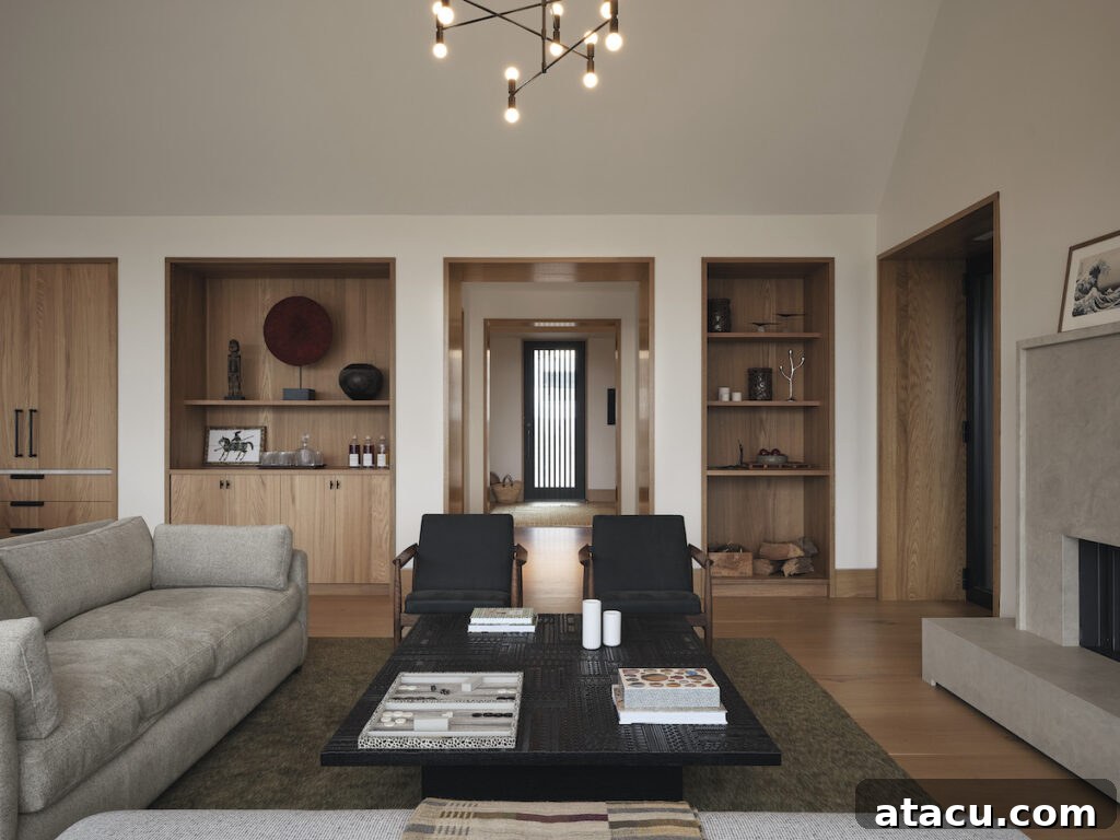 Living room and fireplace in a luxury architect designed modern home.