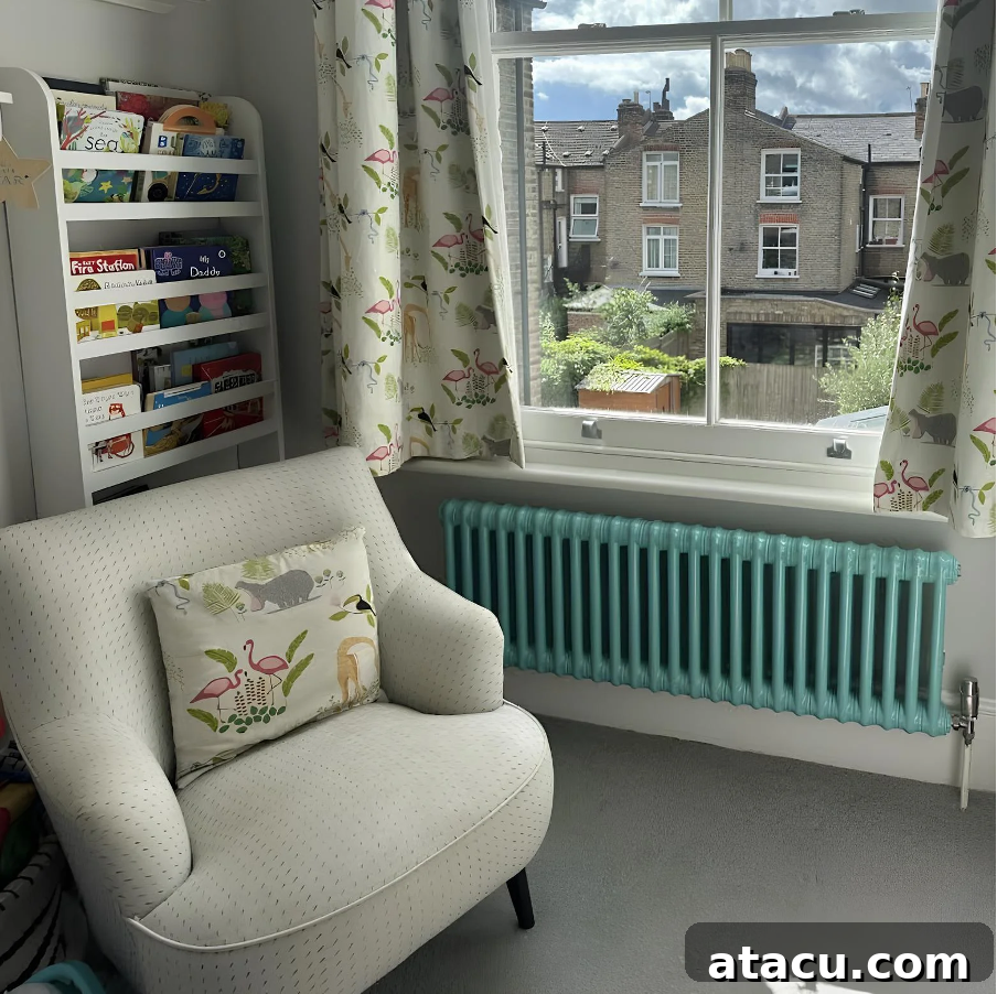 A turquoise blue column radiator in a child's bedroom.