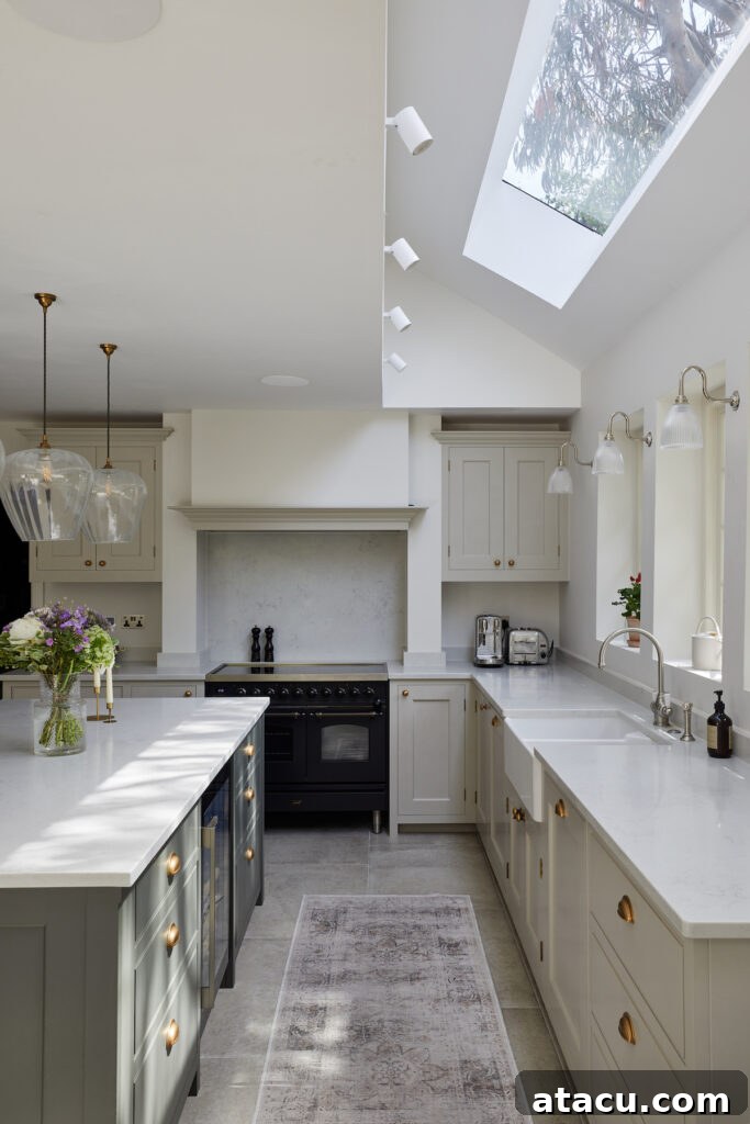 A Shaker style kitchen with painted cabinets.
