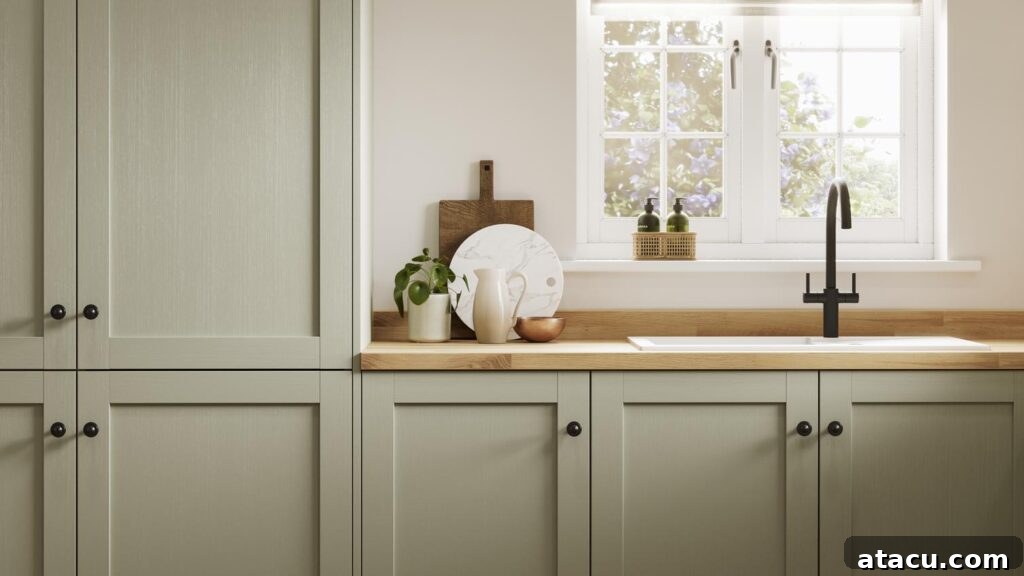 A minimalist kitchen with light sage green cabinetry, a wooden countertop, a black faucet, and a bright window showcasing a garden view, styled with simple decor pieces.