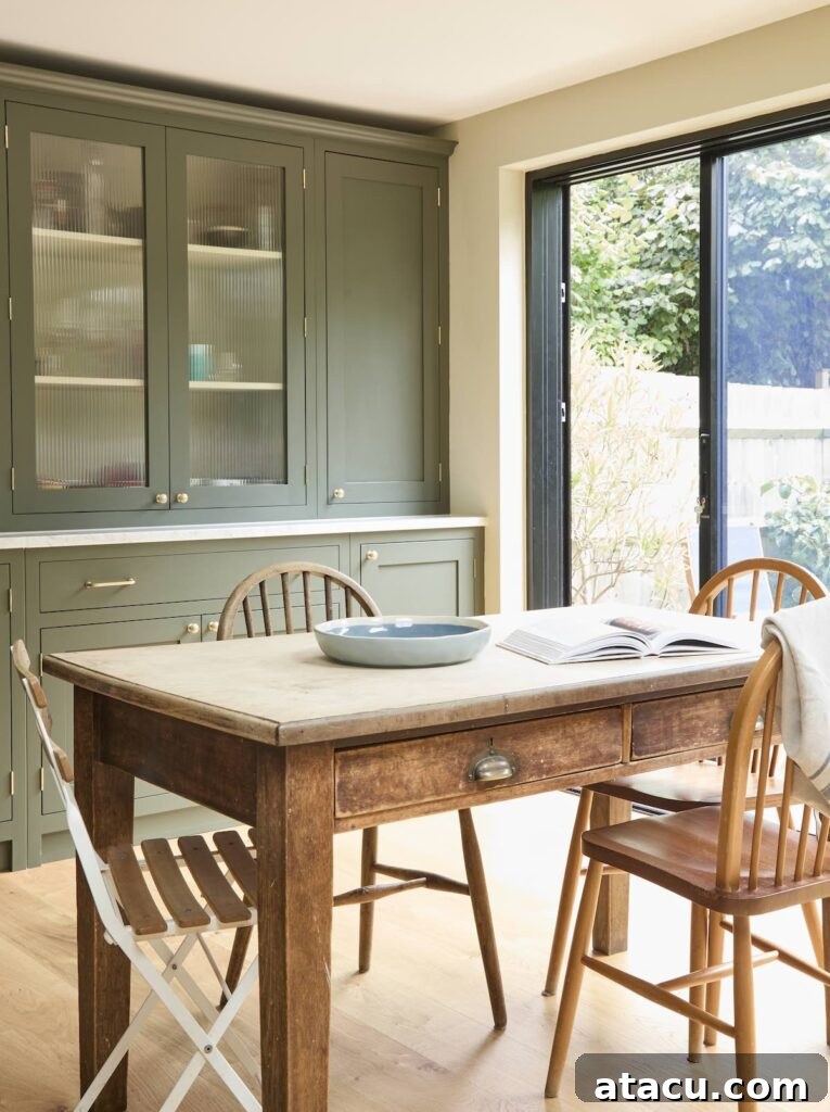 A cozy and bright kitchen featuring sage green cabinets with fluted glass doors, a rustic wooden dining table, and natural light streaming in through large glass doors.