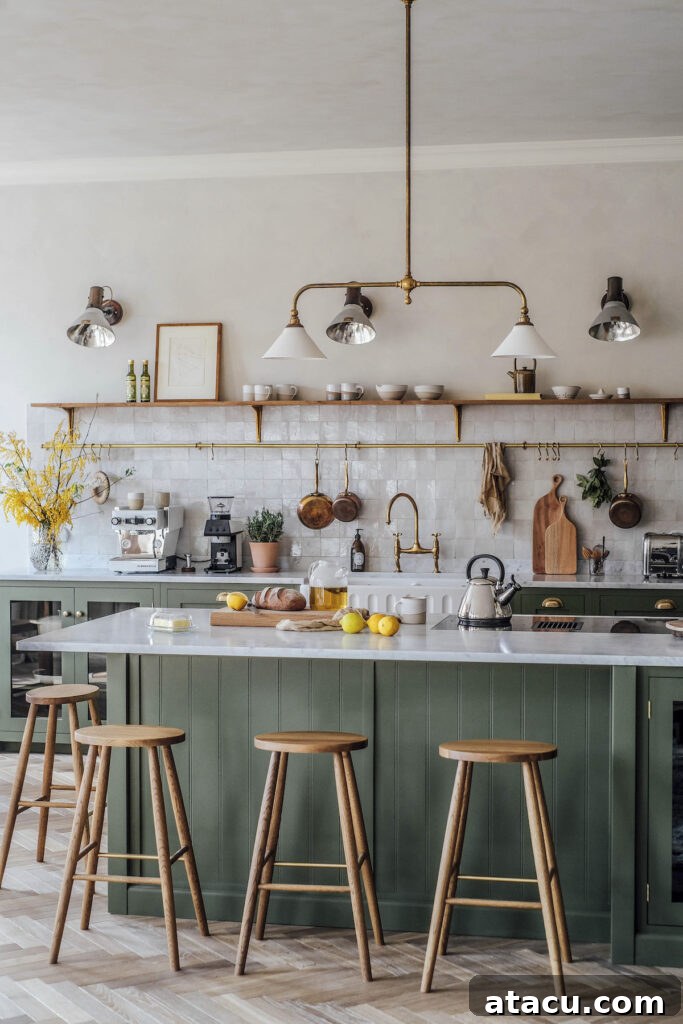 A sage green kitchen with a marble-topped island with wooden stools, brass accents, open wooden shelves, and rustic lighting, styled with fresh lemons and artisanal decor.