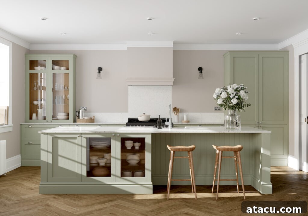 A spacious kitchen with pale sage green cabinetry, a large island with glass-front cabinets, wooden bar stools, marble countertops, and natural light accentuating the warm herringbone flooring.