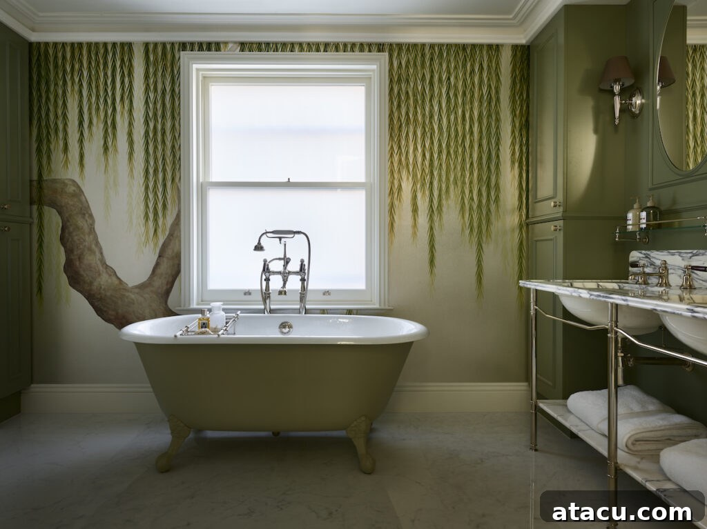 A beautifully appointed Victorian-style bathroom featuring a sage green cast-iron tub, polished nickel fixtures, a marble double vanity, and elegant decor.