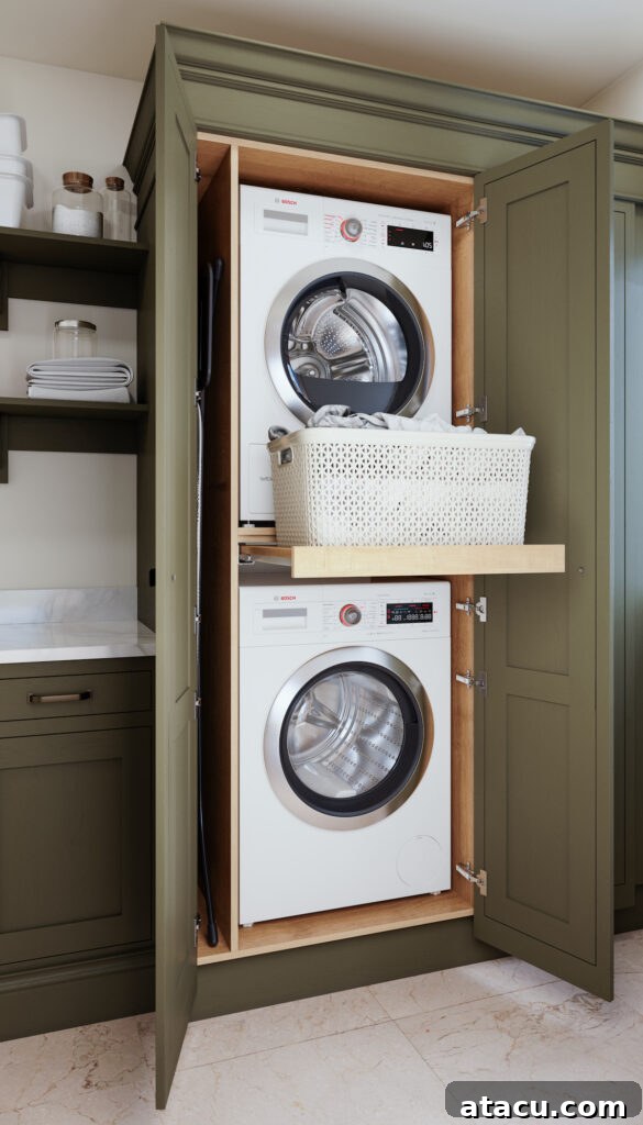 Compact upstairs laundry room featuring a stacked washer and dryer concealed within an olive green cabinet, with a pull-out shelf for a laundry basket and built-in shelving for storage.