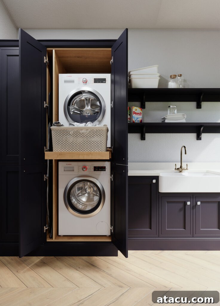 Modern laundry room upstairs featuring a stacked washer and dryer hidden in a sleek navy cabinet, with a pull-out shelf for a laundry basket and open shelving for storage alongside a farmhouse sink.