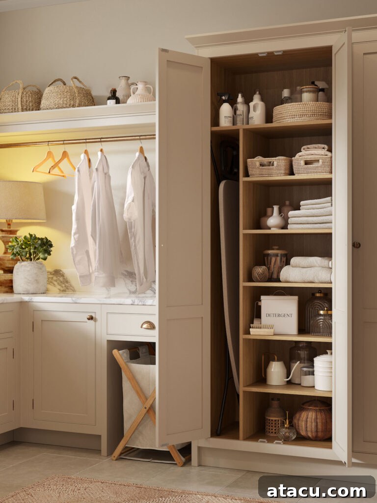 Charming laundry room design featuring cream cabinetry, a marble countertop, open shelving with neatly organised baskets and a built-in hanging rail for clothes.