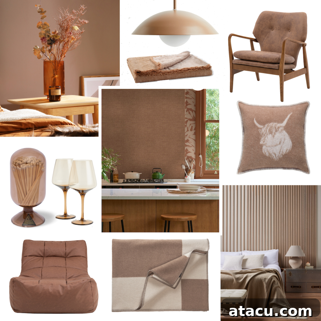 A collage of of interiors images showcasing the Pantone 2025 Colour of the Year - Mocha Mousse.
