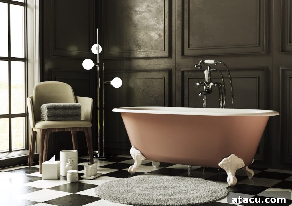 A cast iron bath in the shade Mocha Mousse Pantone Colour of the Year 2025.