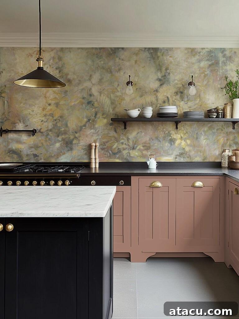 Mocha Mousse kitchen cabinets  with abstract wallpaper.