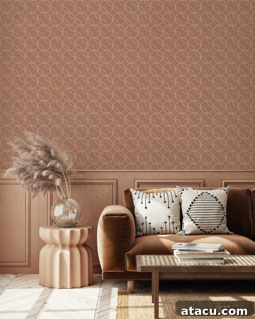A cosy living room decorated with groove wallpaper in the Pantone Colour of the Year 2025: Mocha Mousse.