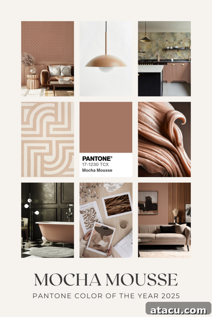 A moodboard showing products in Mocha Mousse Pantone Color of the Year 2025.