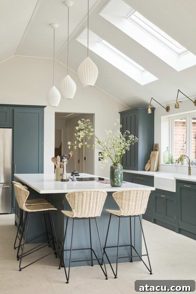 A modern kitchen featuring a large island with a white quartz countertop, complemented by wicker barstools. Above the island, three elegant white pendant lights hang from a vaulted ceiling with skylights, adding a touch of sophistication and natural light.