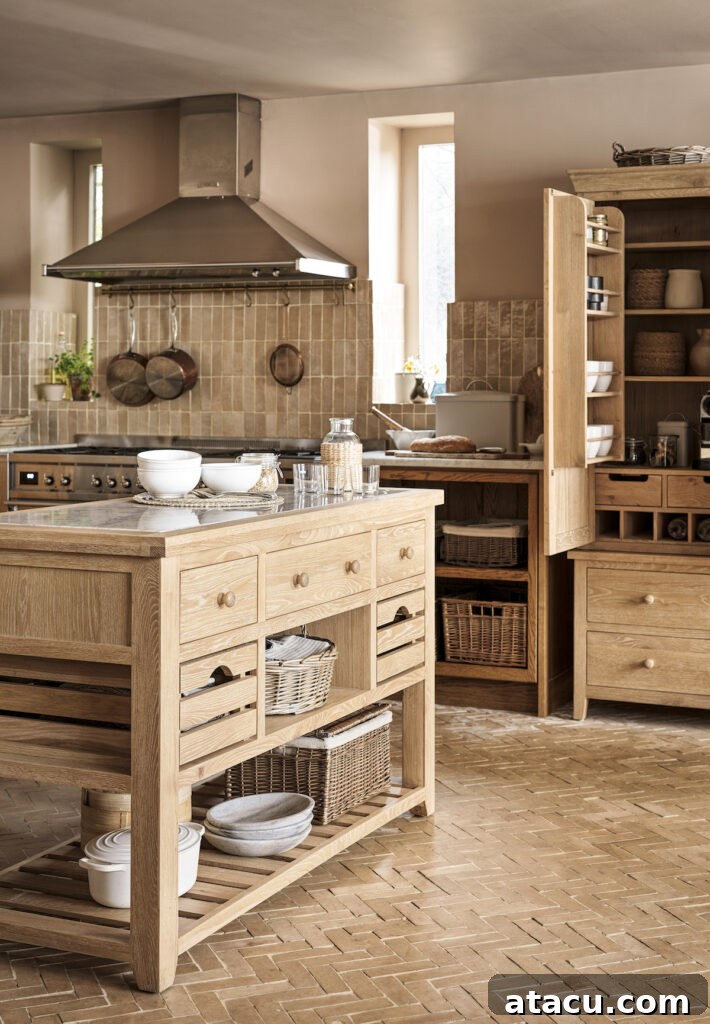 Oak kitchen island in an oak farmhouse style kitchen with herringbone flooring.