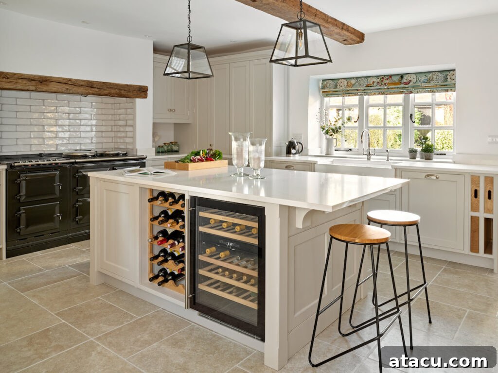 A spacious farmhouse-style kitchen featuring a central island with an integrated wine rack and cooler, complemented by light cabinetry, rustic wooden beams, and industrial pendant lighting.