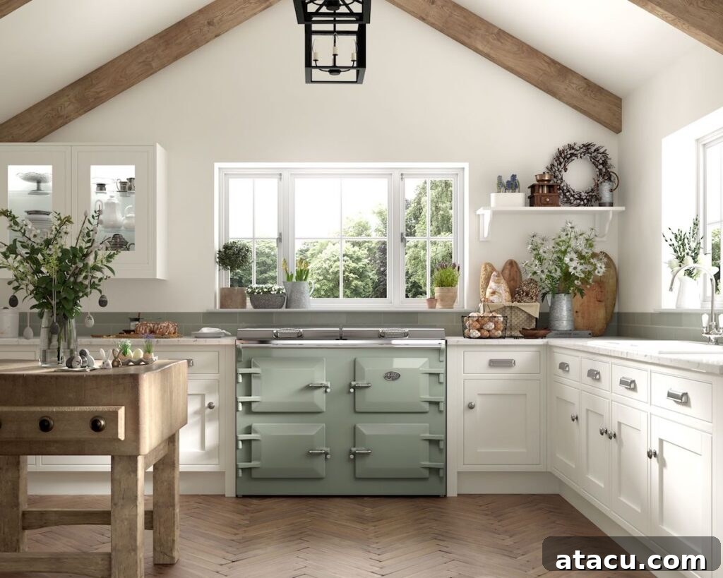 A white farmhouse style kitchen with a sage green range cooker and a rustic wooden kitchen island.