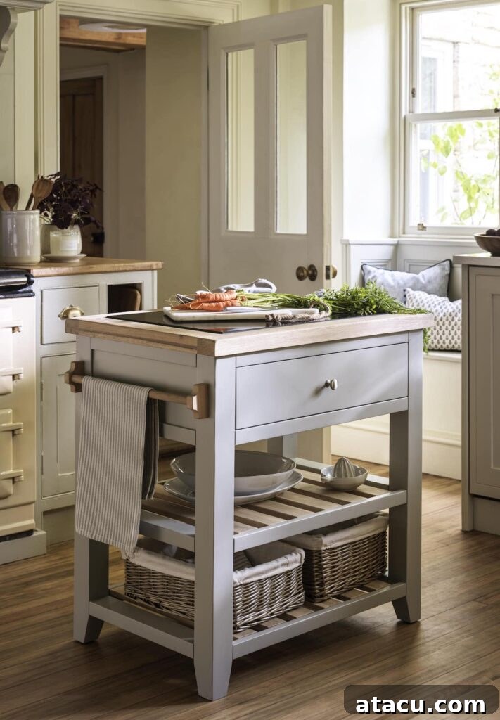 Farmhouse country style kitchen island in a small kitchen with neutral coloured cabinets.