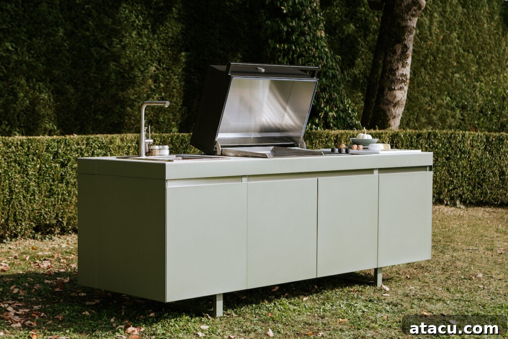 Sleek green outdoor kitchen island with built-in grill, sink, and spacious storage, set in a lush garden for stylish alfresco cooking.