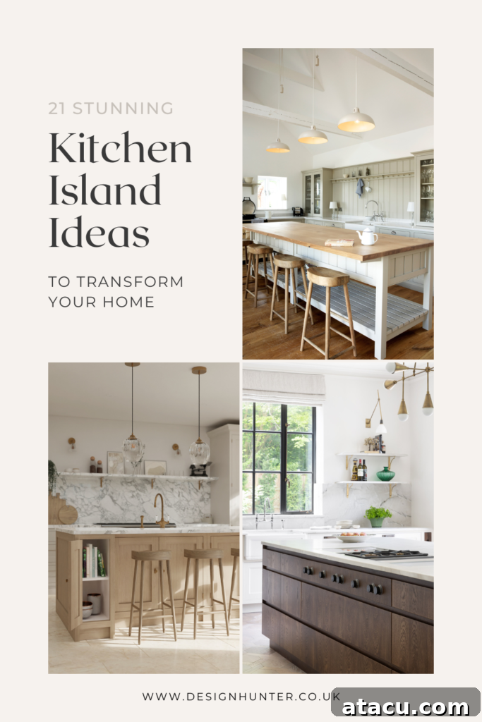 A collage of beautiful kitchen island ideas.