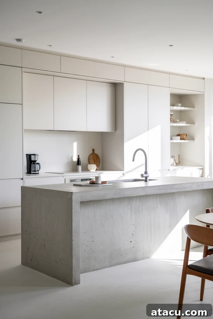 A minimalist kitchen with a concrete island featuring a built-in sink, seamless white cabinetry, and a neutral palette, complemented by natural light and Scandinavian-style furnishings.