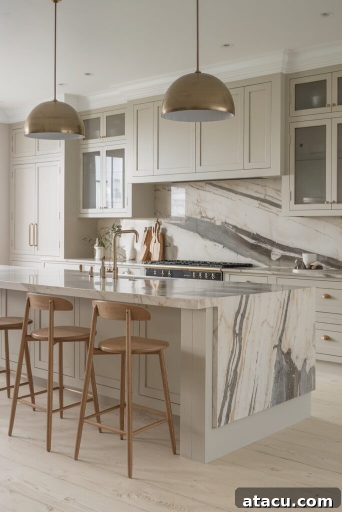 A kitchen island with sink featuring a marble waterfall countertop, brass lighting, and wooden barstools in a modern neutral kitchen.