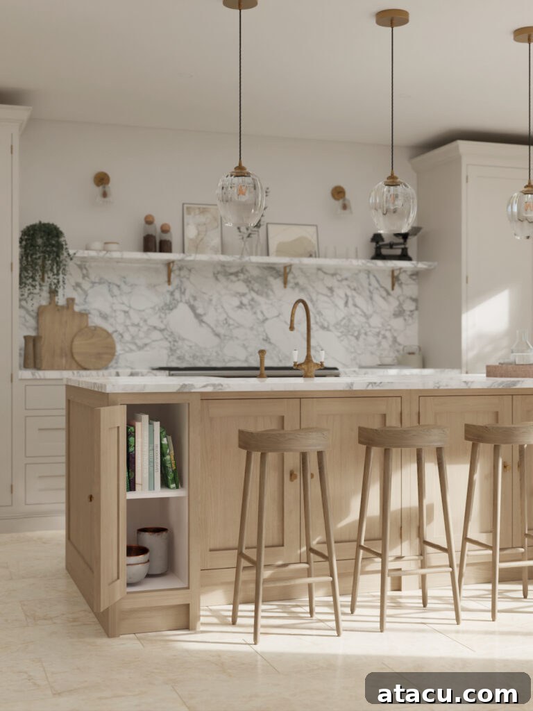 A modern kitchen with light wood cabinets and marble worktops and backsplash with a kitchen island with stools.
