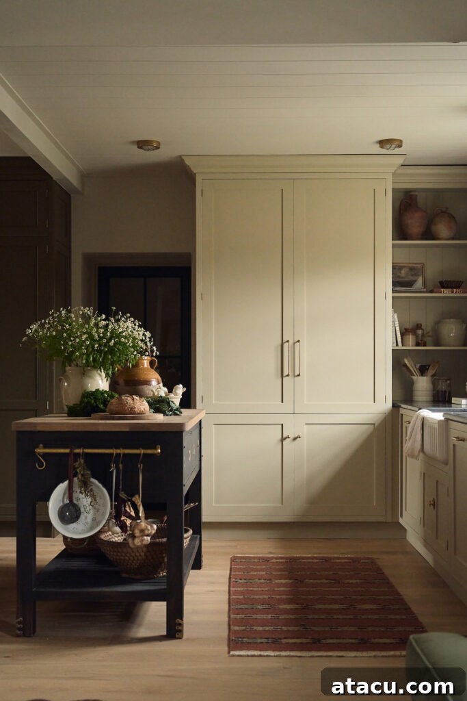 A cream kitchen with oak flooring and a dark painted butchers block kitchen island.