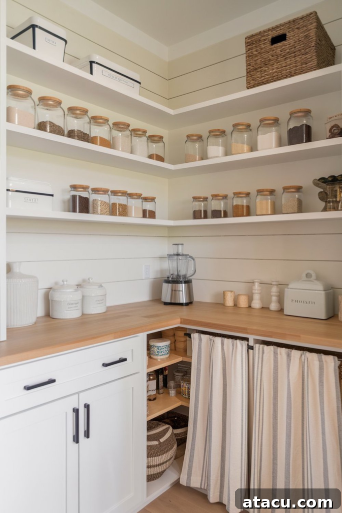 Cosy and functional pantry featuring open shelving with neatly labeled glass jars and woven baskets, complemented by a charming striped cabinet skirt for concealed lower storage. Perfect for a small kitchen pantry or adding a farmhouse touch.