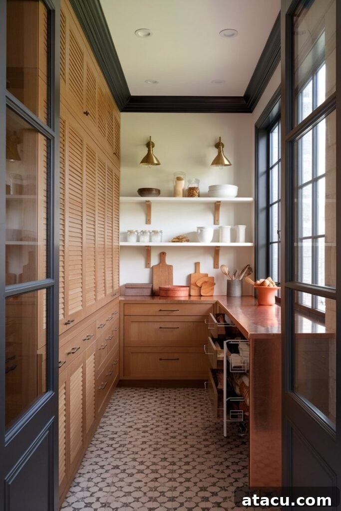 Luxurious walk-in pantry featuring warm louvered wooden cabinetry, open shelving for display, elegant brass sconces, a distinctive patterned tile floor, and large windows inviting abundant natural light.
