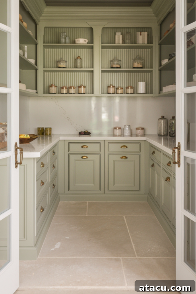 Elegant sage green pantry showcasing bespoke cabinetry with polished brass hardware, classic beadboard shelves, luxurious marble countertops, and sophisticated stone tile flooring for a timeless design.