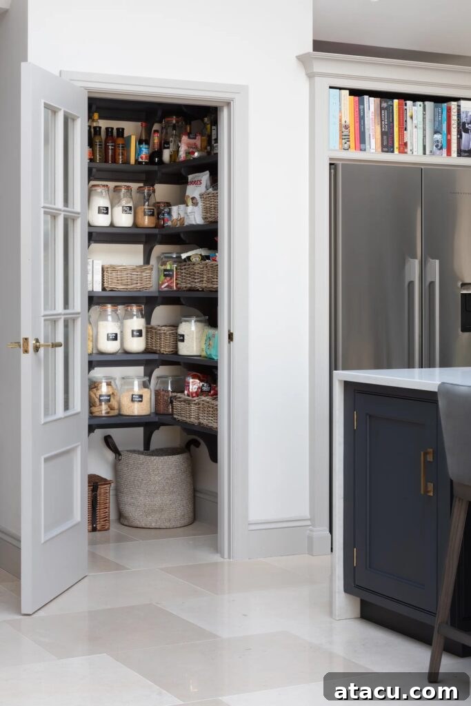 Compact and highly organised pantry cupboard featuring dark open shelves, neatly labeled jars, and woven baskets. This efficient small pantry is enclosed behind an elegant glass-panel door within a modern kitchen setting.