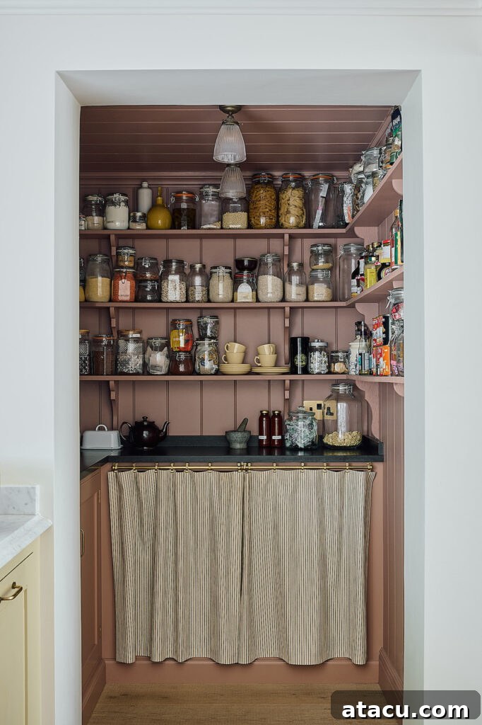 Warm and characterful pantry painted in a soft, muted blush hue, featuring open beadboard shelves meticulously lined with glass jars for grains, pasta, and spices. A contrasting black countertop adds modern appeal, while a gently striped skirt conceals lower storage for a clean and unfussy look.