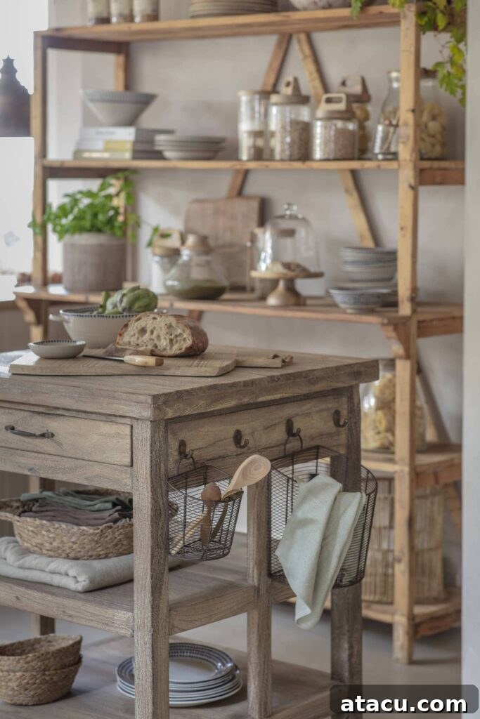 Charming rustic kitchen setup with sturdy open wooden shelves displaying an assortment of neatly arranged glass jars, ceramic bowls, and woven baskets. This practical pantry design is complemented by a reclaimed wood butcher's block island, enhancing its farmhouse and natural aesthetic.