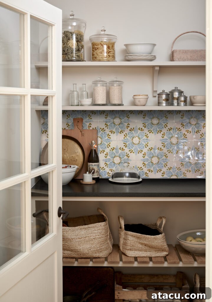 Characterful pantry featuring practical open shelving, clear glass jars for storage, and rustic woven baskets, all set against a stunning floral tiled backsplash that infuses the space with vintage-inspired elegance and charm.
