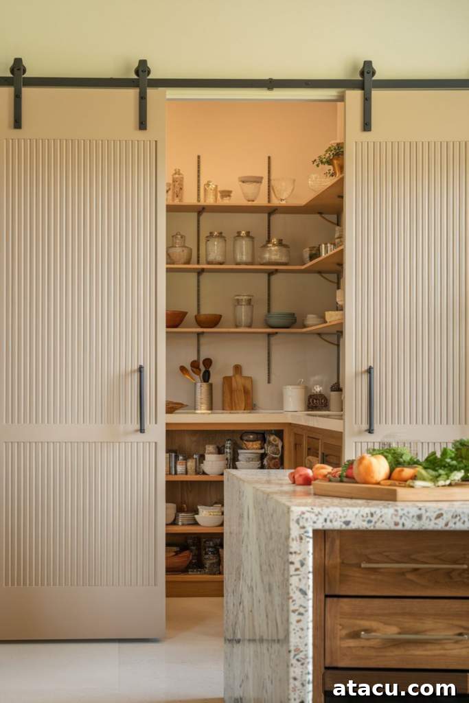 Modern kitchen setting with a distinctive hidden barn door pantry. The sliding barn doors open to reveal an impeccably organised storage area with open wooden shelves displaying glass jars, bowls, and various kitchen essentials. In the foreground, a prominent kitchen island with a elegant terrazzo countertop adds to the contemporary aesthetic.