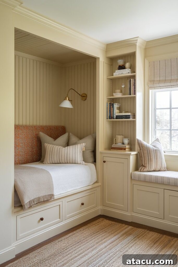 A cozy built-in bedroom nook. The walls, cabinetry, and paneling are painted in a muted creamy beige, creating a calm and cohesive palette. The bed is tucked into an alcove, with integrated drawers beneath and a small shelf above, holding books and a decorative plant.