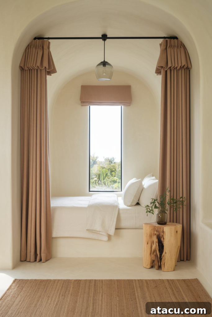 A minimalist bed nook with earthy tones, including flowing beige curtains, a clean white mattress, and a unique natural wood accent table next to the window. The alcove features a gentle arch, creating a soft, inviting retreat.