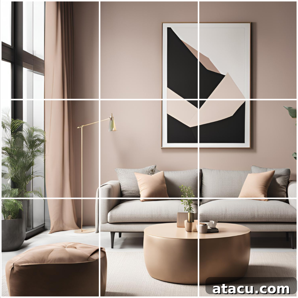 A diagram of a living room showing furniture placement to illustrate the rule of thirds in interior design.