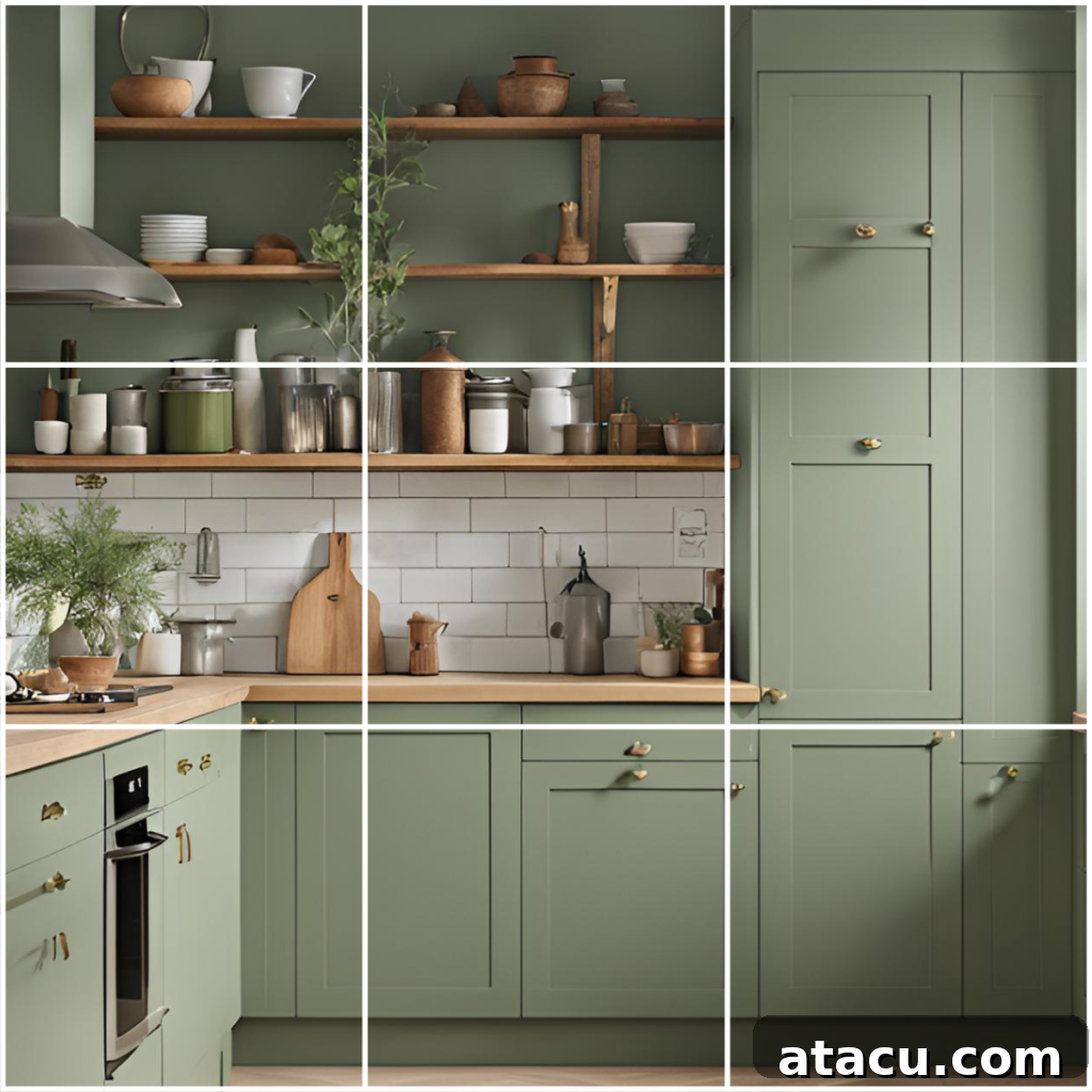 A beautifully designed kitchen demonstrates the rule of thirds in interior design, with open shelving, cabinets, and decor strategically arranged to create visual balance. The green cabinetry is divided into clean sections, while natural wood tones and white tiles add contrast. The open shelves on the top third hold curated decor and kitchenware, drawing the eye upward, while functional elements like the counter and backsplash are thoughtfully aligned in the lower two-thirds.