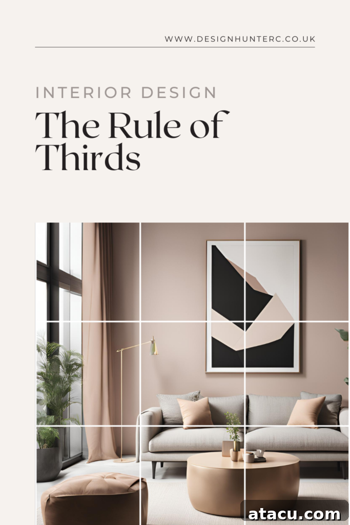A stylish living room overlaid with a 3 x3 grid illustrating the rule of thirds in interior design.